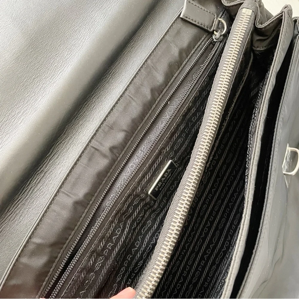 Prada black nylon and leather silver pushlock vintage iconic slouchy briefcase
